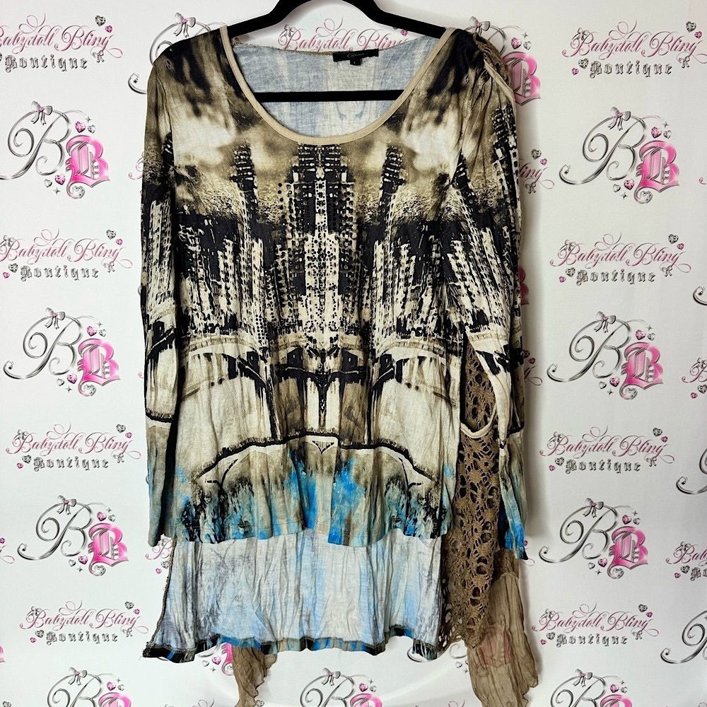 Cafiva long sleeve Abstract Print Women's Top crochet tie dye unique